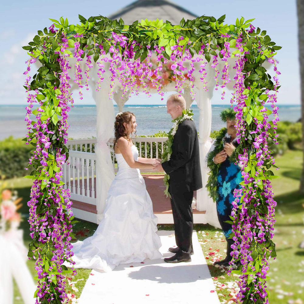 Wisteria Artificial Flowers Garland, 4 Pcs Total 28.8ft Artificial Wisteria Vine Silk Hanging Flower for Home Garden Outdoor Ceremony Wedding Arch Floral Decor (Purplish Red)