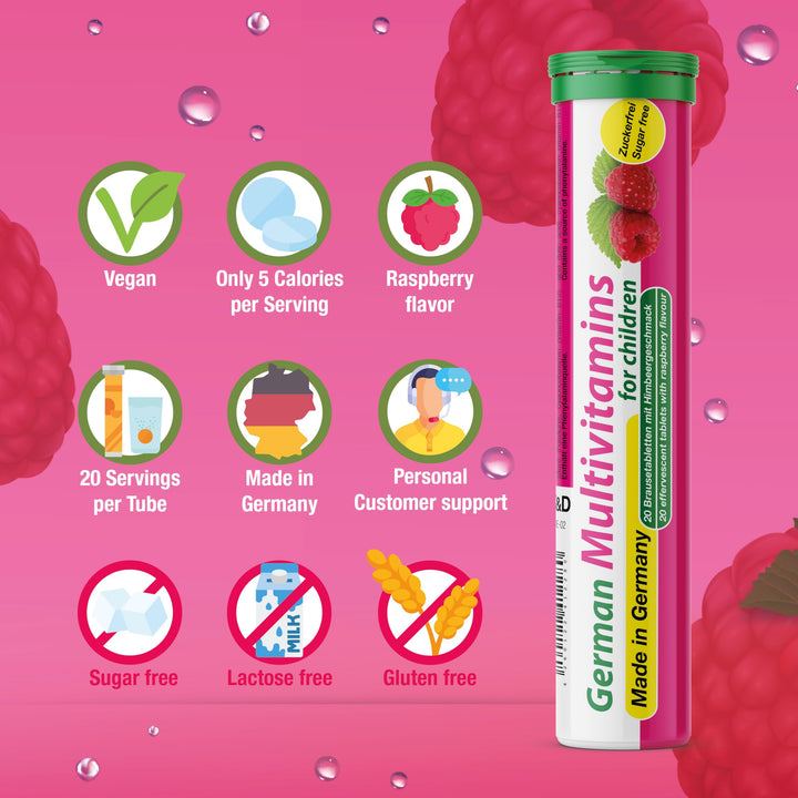 German Multvitamin for Children 8 Vitamins - 40 Vegan Drink Effervescent Tablets - Raspberry Flavor - Made in Germany