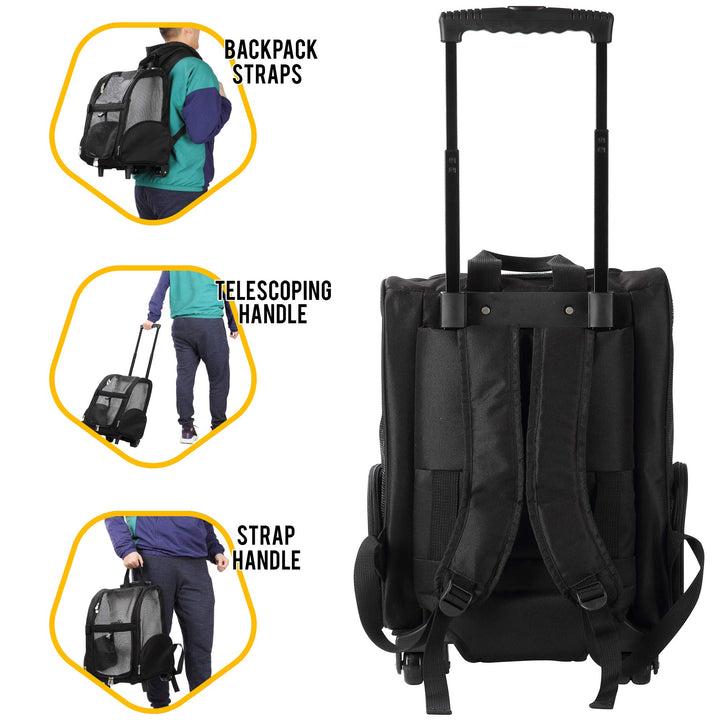 Deluxe Backpack Pet Travel Carrier with Double Wheels for Pets up to 18 Pounds - Black