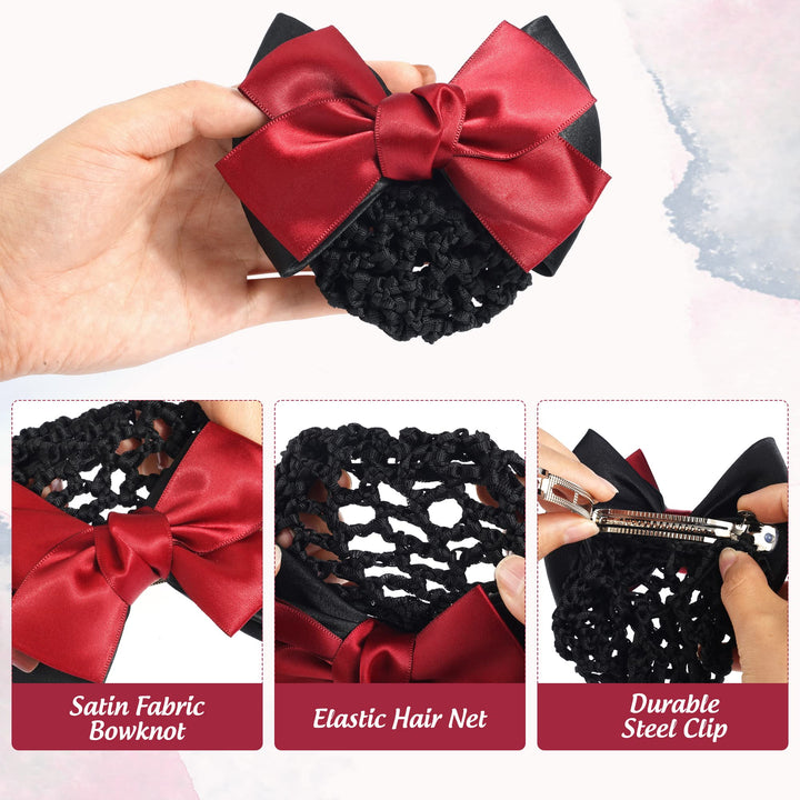 3 Pieces Hair Snood Net Bun Cover Knit Hairnet Bow Bowknot Decor Barrette Hair Clip for Women Mesh Work Hairnets, Black & Navy Blue & Red