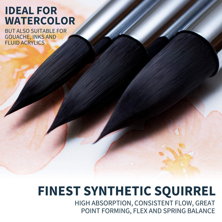 Watercolor Paint Brush Set - 4 Round Watercolor Brushes - Sizes # 2 4 6 8, Soft Synthetic Squirrel Hair, Pointed Round Tips for Professional Artists - Water Color, Gouache, Ink