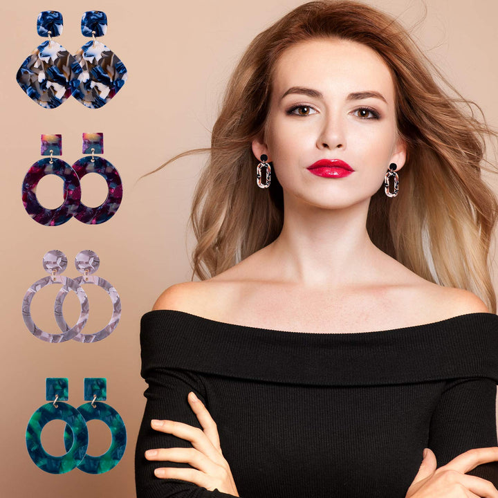 24 Pairs Mottled Acrylic Earrings Resin Drop Dangle Earring Hoop Statement Earrings Polygonal Bohemian Fashion Jewelry Earrings for Women