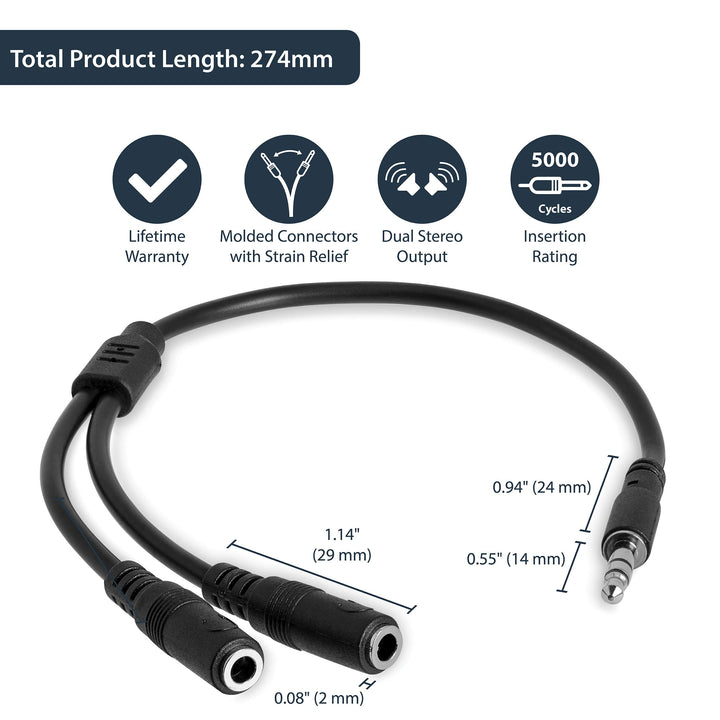 3.5mm Audio Extension Cable - Slim Audio Splitter Y Cable and Headphone Extender - Male to 2x Female AUX Cable (MUY1MFFS)