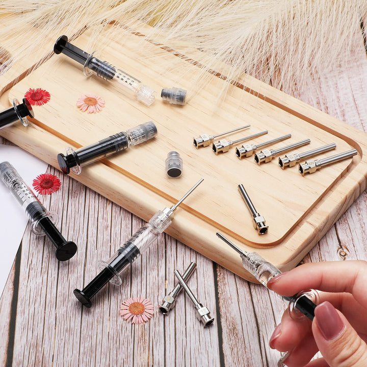24 Pieces Borosilicate Glass Syringes Set Include 12 Pieces 1 ml Borosilicate Glass Syringe Lock and 12 Pieces Stainless Steel Lock Dispensing Needle for Thick Liquids, Ink Use