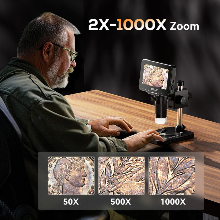 Coin Microscope EDM4 Max, 4.3 LCD Digital Microscope1000x, Coin Magnifier with 8 Adjustable LED Lights, Coin Microscope with Screen, PC View with Windows/Mac, 32GB SD Card Included