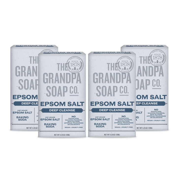 The Grandpa Soap Company Epsom Salt Bar Soap - Deep Cleansing Soap, Made with Epsom Salt and Baking Soda, Removes Dirt Grease and Grime, Vegan, for Face and Body, 4.25 Oz, 4 Pack