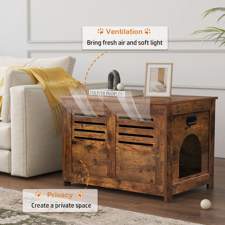 Litter Box Furniture, Flip Top Hidden, Washroom with Louvered Window, Entrance Can Be on Left/Right Side, Enclosed Litter House Side Table for Most of Cat and Litter Box, Rustic Brown