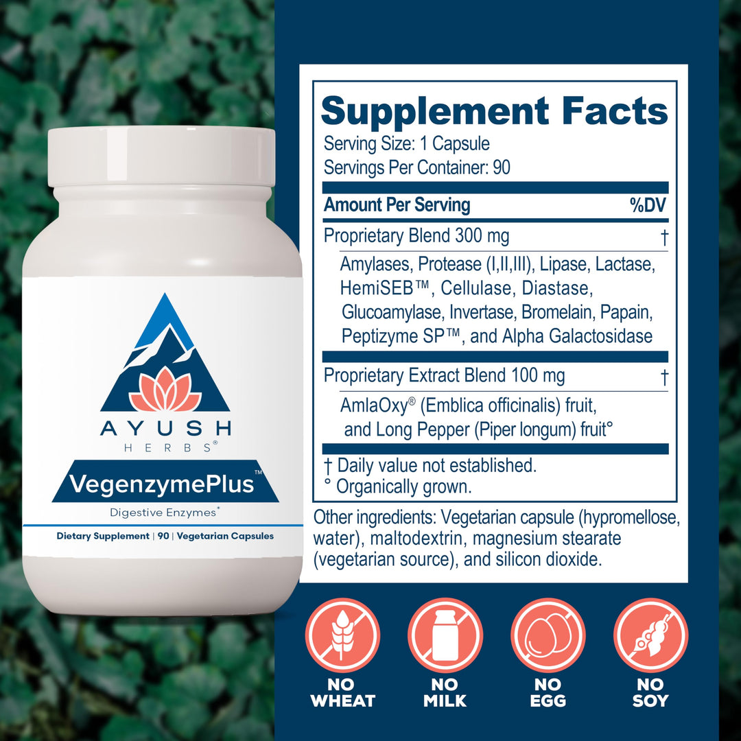 VegenzymePlus - Digestive Enzymes for Women & Men, Enzymes for Digestion with Bromelain, Lipase, Lactase, Protease, 100% Vegetarian Gut Health Supplement - 60 Capsules (1 Count)