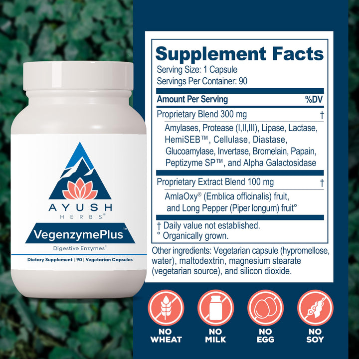 VegenzymePlus - Digestive Enzymes for Women & Men, Enzymes for Digestion with Bromelain, Lipase, Lactase, Protease, 100% Vegetarian Gut Health Supplement - 60 Capsules (1 Count)