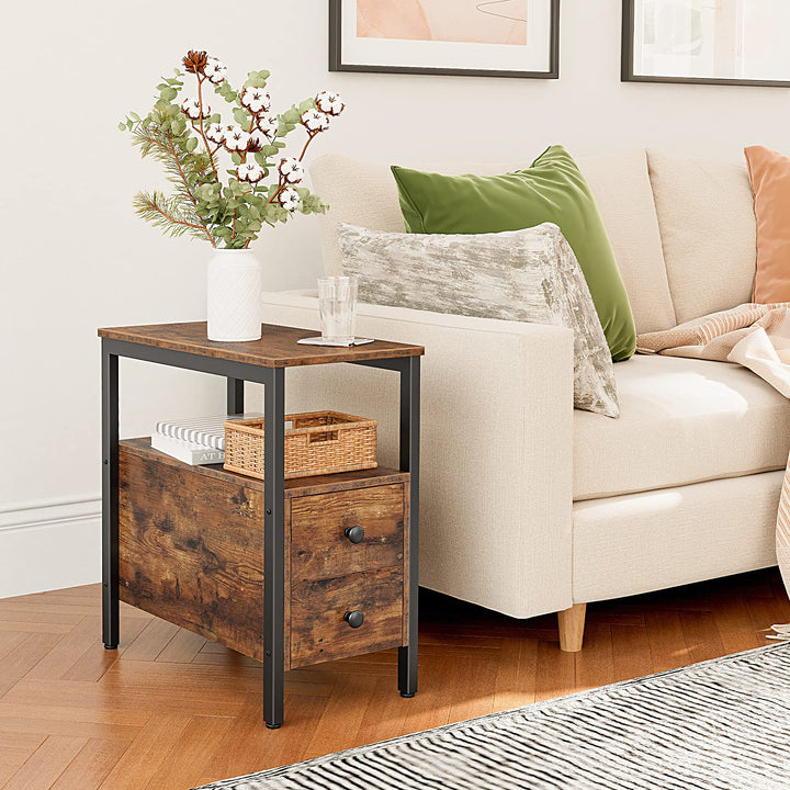 End Table, Narrow Chairside Table with Drawer and Open Storage Shelf, Nightstand for Small Spaces, Stable and Sturdy Construction, Wood Look Accent Furniture, Rustic Brown and Black BF548BZ01G2