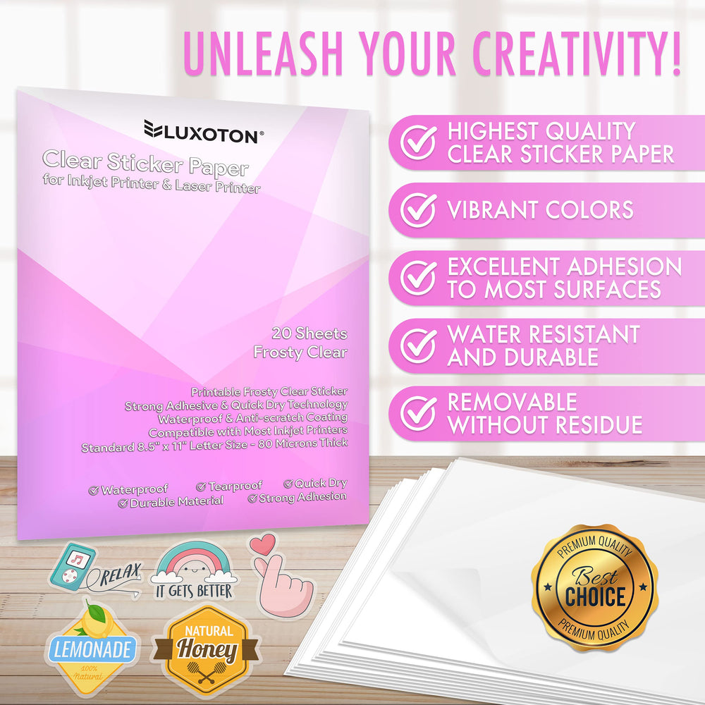 Printable Clear Sticker Paper for Inkjet Printer & Laser Printer- 20 Sheets Clear Printable Vinyl Sticker Paper - Clear Printable Sticker Paper - Printable Transparent Sticker Paper - 8.5 x 11