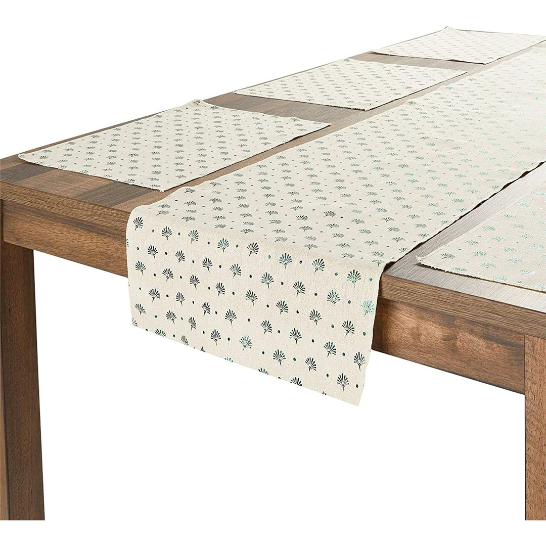 Ivory Dining Table Runner and Placemats, Set of 6, Green Foil (7 Pieces)