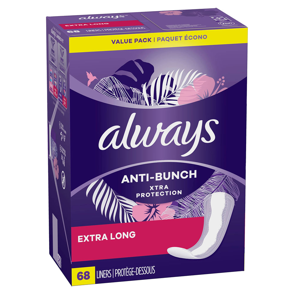 Anti-Bunch Xtra Protection, Panty Liners For Women, Light Absorbency, Extra Long Length, Leakguard + Rapiddry, Unsented, 68 Count
