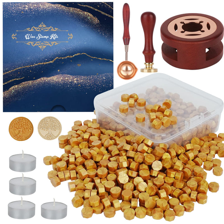 Wax Seal Stamp Kit, 357Pcs Wax Sealing Sets with Wax Beads, Seal Stamp, Wax Seals Warmer, Spoon, Candles, Wax Seal Kit for Christmas Vintage Envelopes Letters Mailing Crafts Gift (Gold)