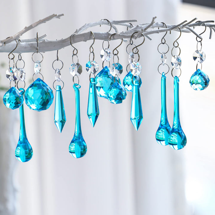 H&D 20PCS Blue Glass Crystal Teardrop Chandelier Prisms Parts Hanging Glass Crystal Pendants Beads Set