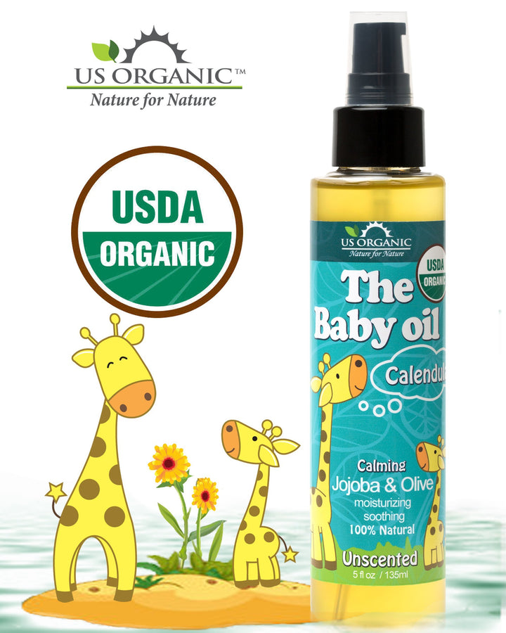 Baby Oil with Calendula, Jojoba, and Olive Oil with Vitamin E, USDA Certified Organic, No Alcohol, Paraben, Artificial Detergents, Color, Synthetic Perfumes, 5 fl. Oz (Pure Unscented)