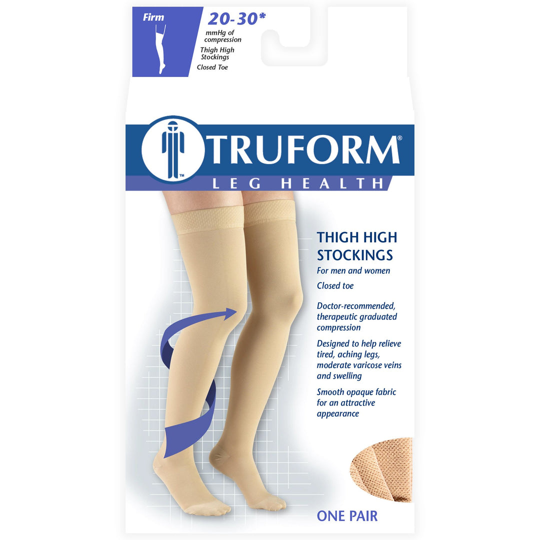Truform Closed Toe, Thigh High 20-30 mmHg Compression Stockings, Dot Top, Beige, Large