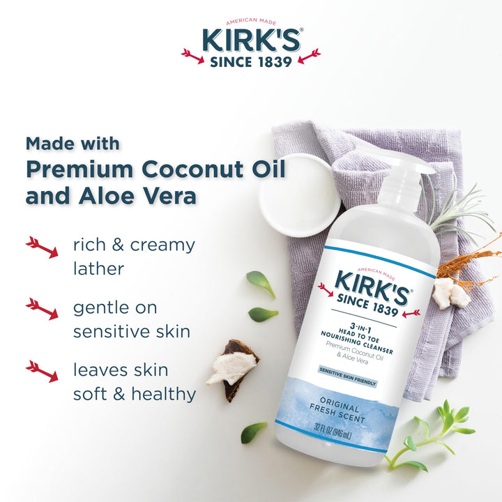 3-in-1 Castile Liquid Soap by Kirk’s | Head-to-Toe Natural Shampoo, Face Soap & Body Wash for Men, Women & Children | Coconut Oil + Aloe Vera | Original Fresh Scent | 32 Fl Oz. Pump Bottle
