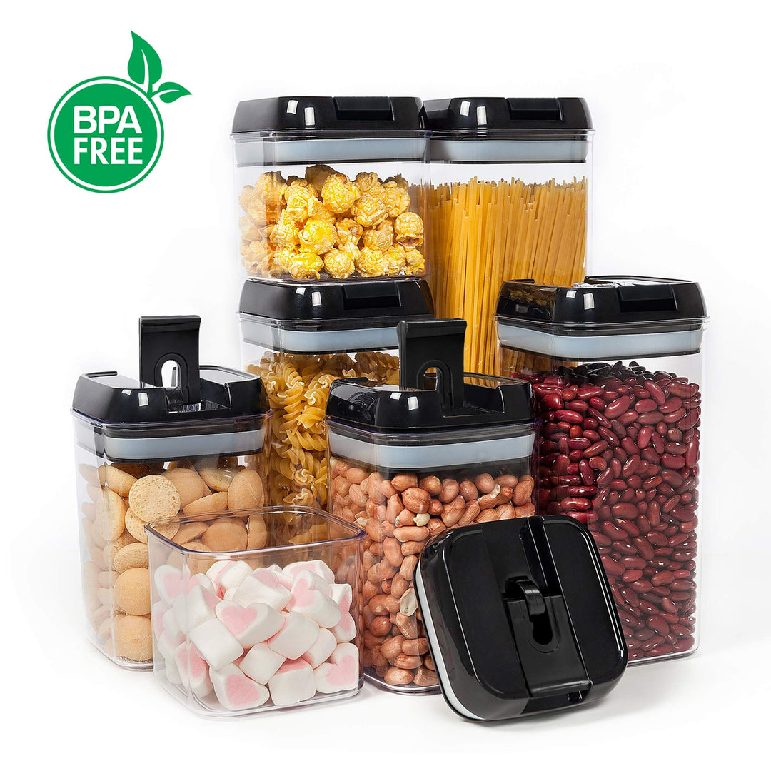 Airtight Food Storage Containers, 7 Pieces BPA Free Plastic Cereal Containers with Easy Lock Lids, for Kitchen Pantry Organization and Storage, Include 24 Labels, Grey