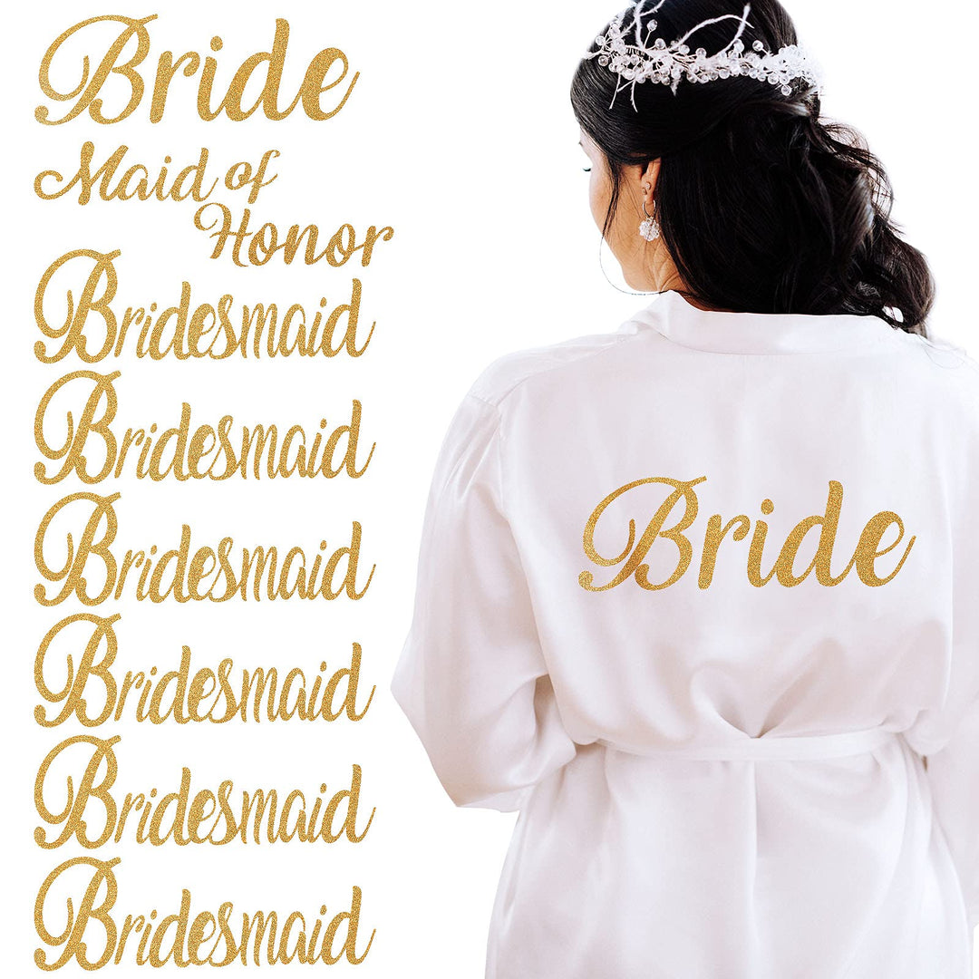 15 Pieces Gold Bridal Heat Transfer Iron Bridesmaid Maid of Honor Heat Transfer Letters Decal Heat Transfer on Vinyl Stickers HTV for T-Shirt Wedding Bags Clothes Shower Party Gold Glitter Letters