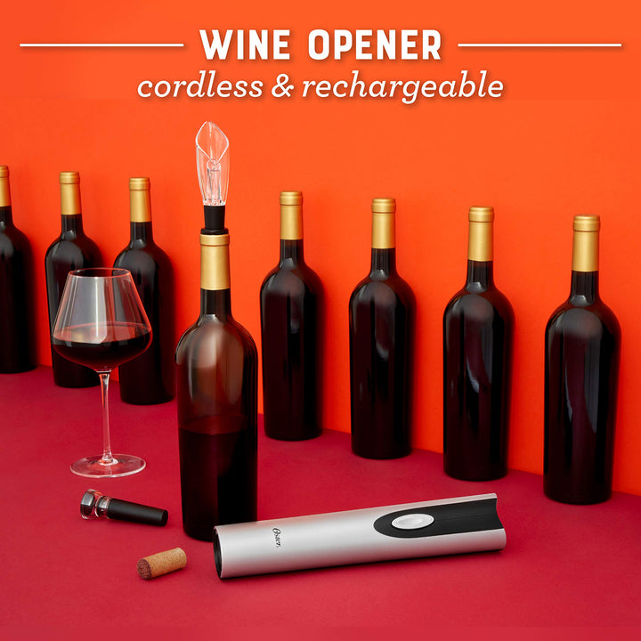 Electric Wine Opener, Foil Cutter, Wine Pourer and Vacuum Wine Stoppers with CorkScrew and Charging Base, Black