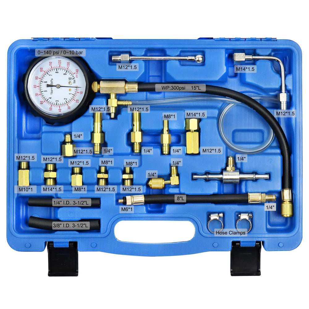 Fuel Pressure Tester Gauge Kit 140PSI Automotive Engine Injector Pump Test Gasoline Gas Injection Manometer Tool Set with Inline Fitting Schrader Adapter for Auto Car Motorcycle (Blue Case)
