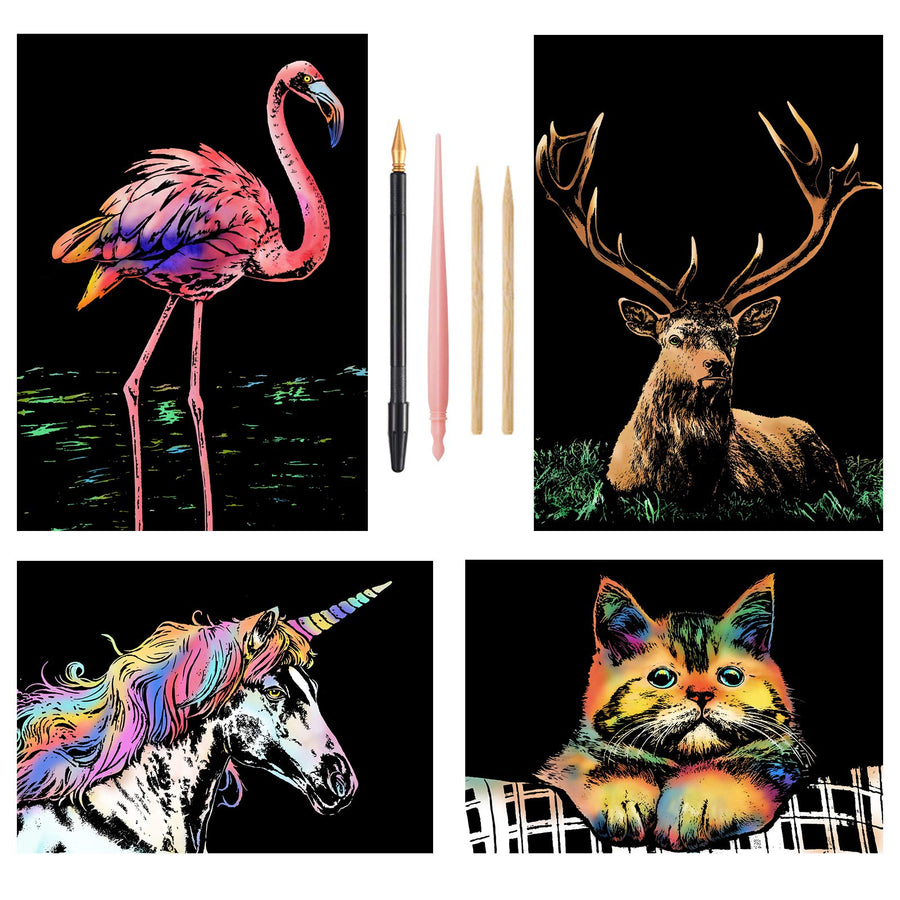 Scratch Art Rainbow Painting Paper, Craft Art Set: 4 Sheets (A4) with 4 Tools, DIY Scratchboard Crafts Womens Hobbies, Engraving Arts for Adults Scratch Painting Christmas Birthday Party Gift