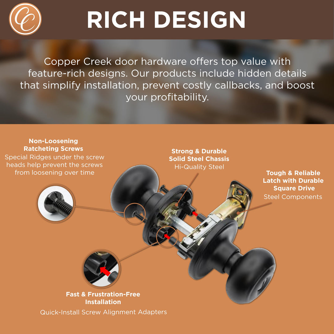 Matte Black Door Knobs - Round Colonial Knob with Privacy Locking Function for Home Improvement, 1 Pack - Fits All Standard Doors - Locking Door Knob for Bedroom and Bathroom Use