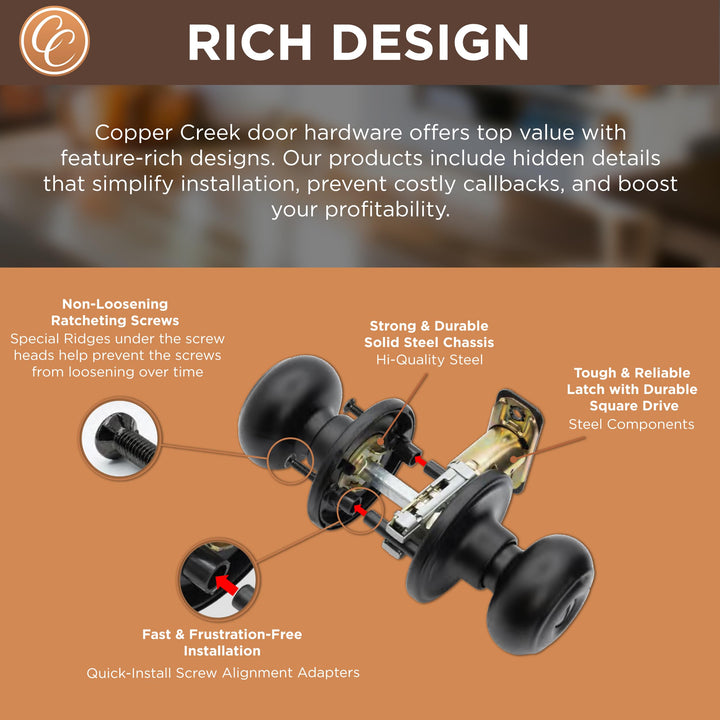 Matte Black Door Knobs - Round Colonial Knob with Privacy Locking Function for Home Improvement, 1 Pack - Fits All Standard Doors - Locking Door Knob for Bedroom and Bathroom Use