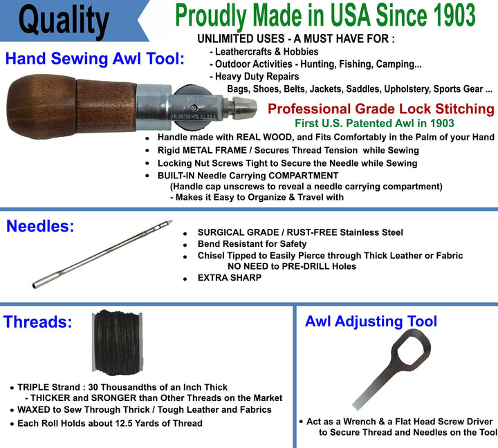 Repair Stitch Tool | Sewing Awl for Bounce Houses, Inflatables, Leather, Thick Fabric, Shoes, Bags, Belt, Upholstery Repair Kit & Crafts Leather, Tarp Stitching – Made in USA. Professional Heavy Duty