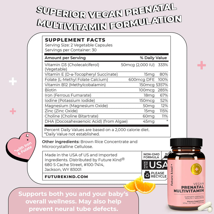 Vegan Prenatal Vitamin with DHA & L-Methylfolate in Glass Bottle - Prenatal Folate Supplement for Women with Vitamin D & E, Iron & Biotin - Gluten-Free, Non-GMO (60ct)