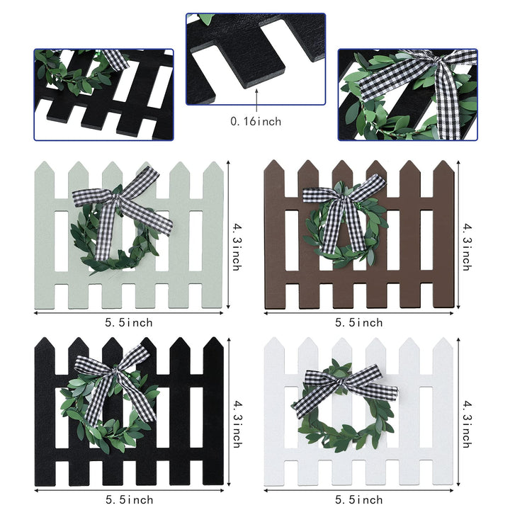 4 Piece Farmhouse Wooden Window Tiered Tray Decoration Frame Black and White Plaid Mini Wooden Sign Decor Summer Rustic Wooden Sign Decoration for Home Kitchen Tiered Tray Decor (Fence Style)