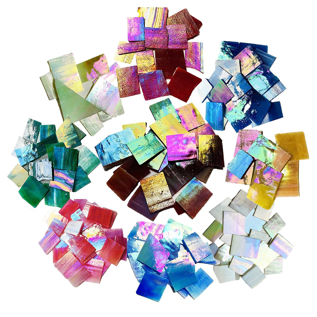 Iridescent Mosaic Glass Pieces Stained Glass Sheet Scraps for Crafts, Mosaic Tiles Supplies Kit, Variety of Rainbow Iridized Colors and Shapes, 35oz Value Pack