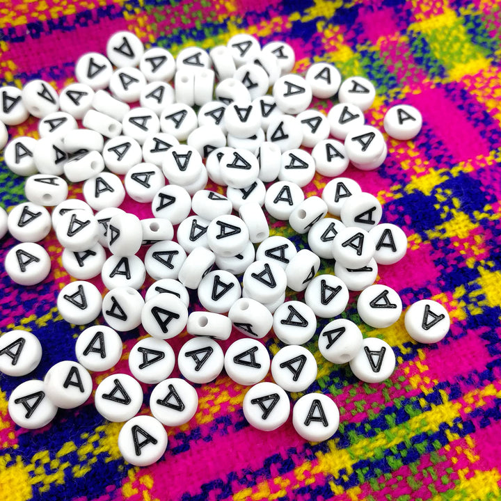 Amaney Vowel Letter Beads A 100pcs 7×4mm White Round Acrylic Black Alphabet for Jewelry Making