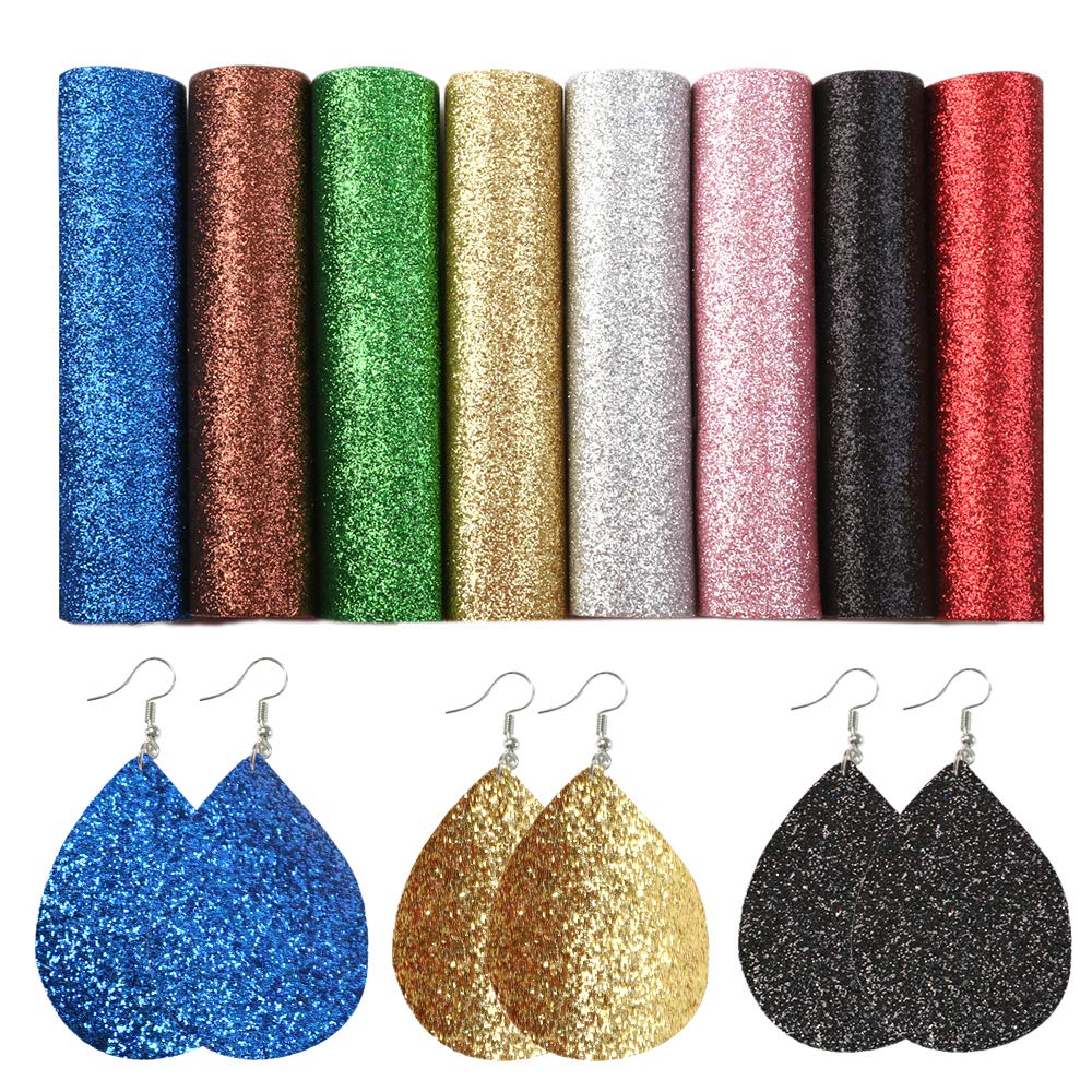 Shiny Superfine Glitter Faux Leather Sheets Canvas Back Fabric 8Pcs 5.9 x 8.2 Inch A5 Size for Making Leather Earrings Bows and Crafts (Glitter)
