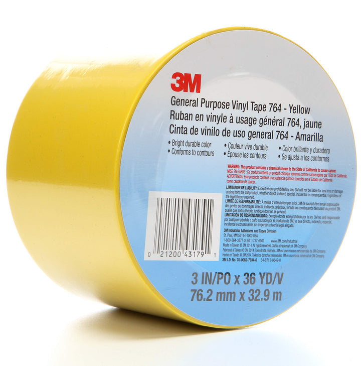Vinyl Tape 764, General Purpose, 3 in x 36 yd, Yellow, 1 Roll, Light Traffic Floor Marking Tape, Social Distancing, Color Coding, Safety, Bundling