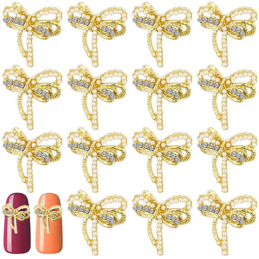 15pcs Bows Nail Art Decoration, 3D Bow Nail Rhinestones and Pearl Charms Gold Crystal Art Accessories for Women Girls DIY Long Nail Design ï¼Ë†0.53in x 0.53inï¼â€°