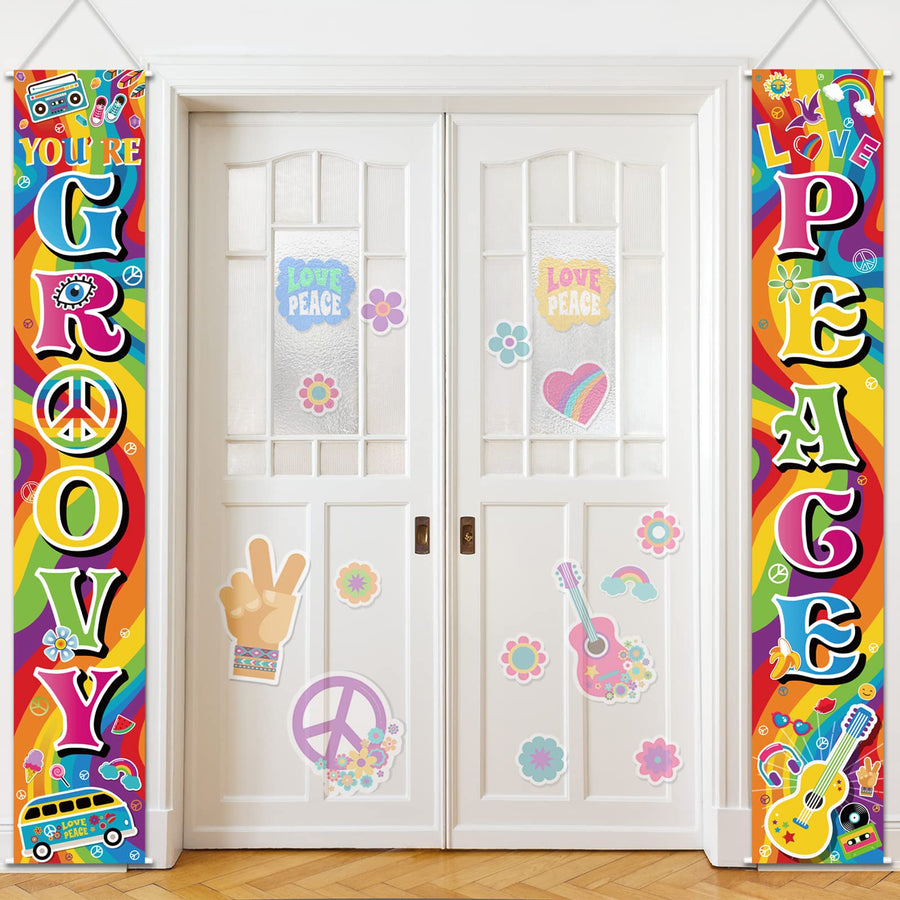 60's Party Scene Setters Wall Decorating Kit 60s Porch Sign Party Door Sign for 1980s Theme Party Rock Star Birthday Decoration (60s Groovy)