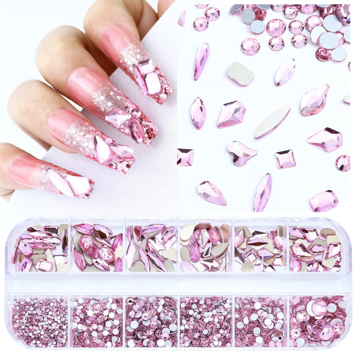 Flatback Glass Crystal Rhinestones for Nails, Multi 3D Shapes Crystals Nail Art Rhinestone Set (Light Pink)
