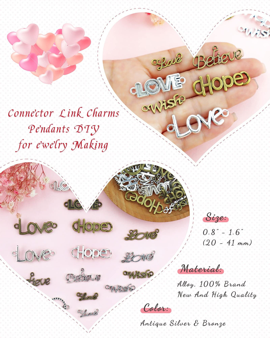 72pcs Mixed Word Letter LOVE HOPE Believe Wish Kissme Connector Link Charms Pendants DIY for Necklace Bracelet Jewelry Making