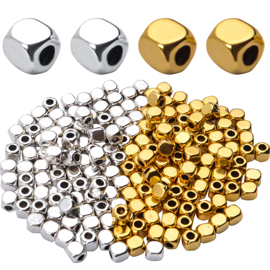 200pcs 3.5mm Cube Beads Square Spacer Beads Jewelry Findings for Bracelets Crafts DIY,Gold and Silver