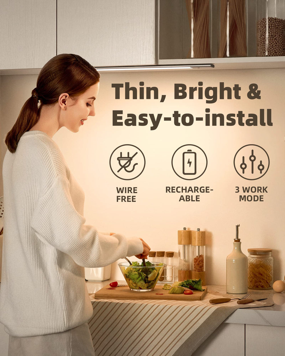 Under Cabinet Lighting, Rechargeable 2200mAh Detachable Battery, 76 LED Dimmable Closet Lights, 3 Color Temps, Wireless Motion Sensor Light for Kitchen, Stairway, Wardrobe
