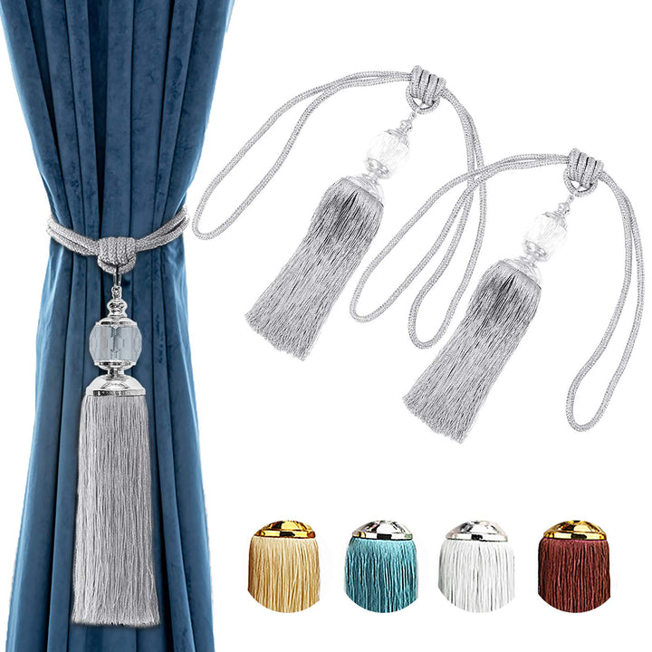 Curtain Tiebacks Rope Tassel Tieback Crystal Curtain Holdbacks Silver for Drapes Decorative Drapery Tassels Decoration Braided Tie Backs Curtain Holder 2 Pack