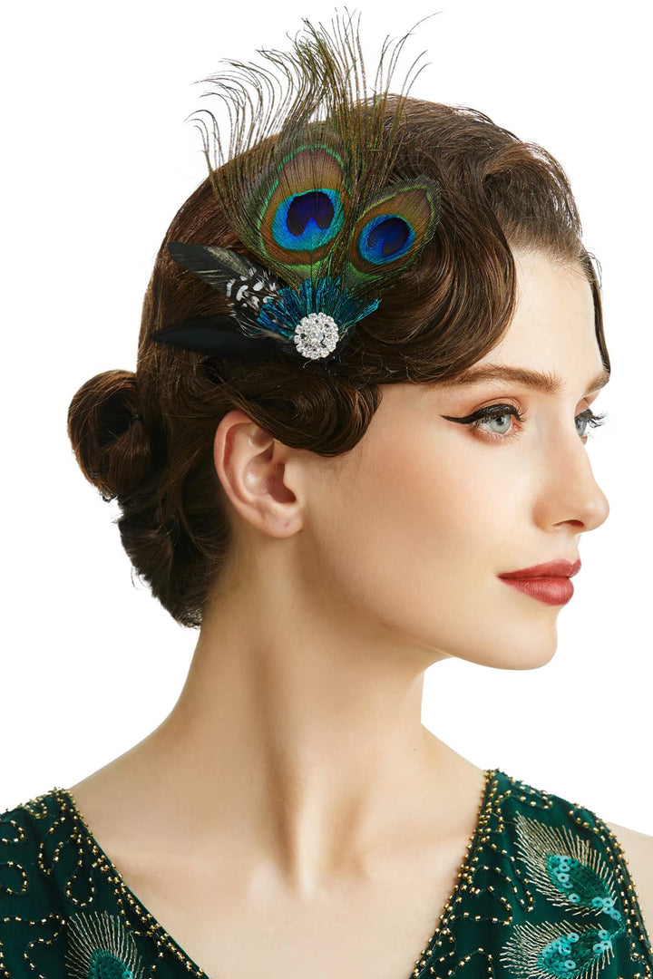 Hair Clip Peacock Feather with Rhinestones, 1920s Peacock Flapper Fascinator, One Size Fits Most, Accessories for Women (Style 1)