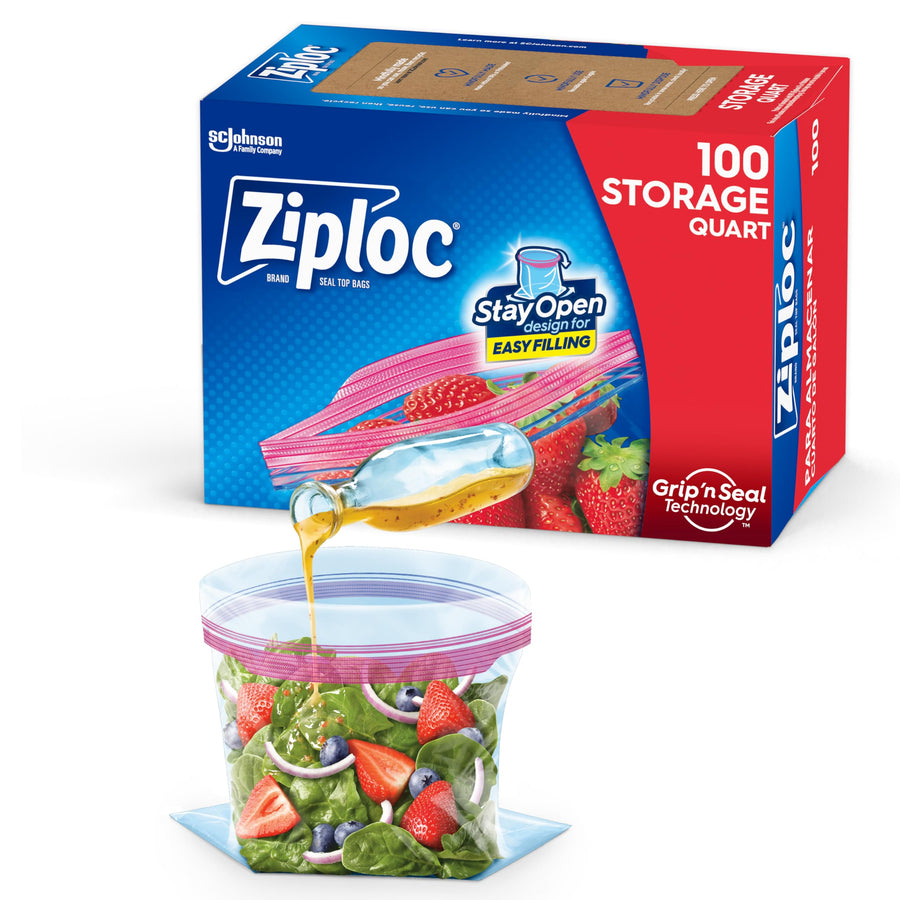 Quart Food Storage Bags, Stay Open Design with Stand-Up Bottom, Easy to Fill, 100 Count