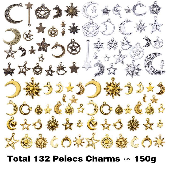 Celestial Charms,132pcs Mixed Sun Moon Star Charms Pentagram Charms Alloy Jewelry Pendant Charms for DIY Earrings Necklace Bracelet Jewelry Craft Making Accessory