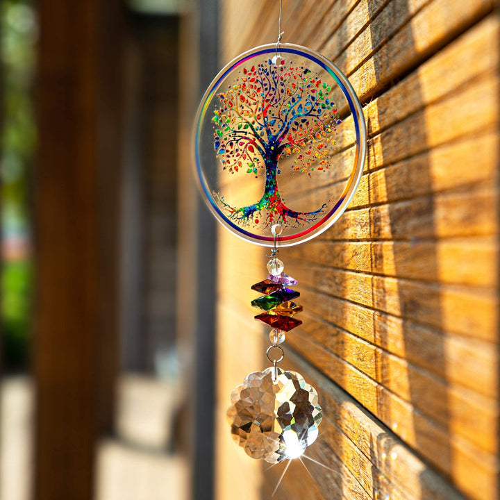 H&D HYALINE & DORA Chakra Tree of Life Suncatcher Glass Art Hanging Ornament Handmade Crystal Mandala Prism Decor Window Car Wall Art Hanging Decor for Home Office