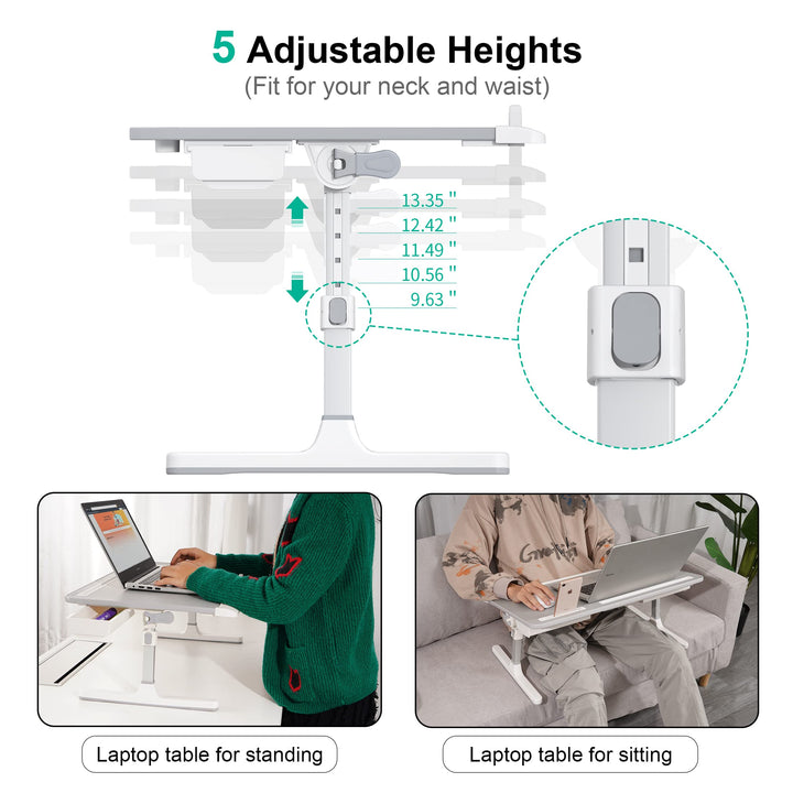 Foldable Laptop Bed Tray Table PVC Leather, Adjustable Laptop Desk for Bed with Height and Angle, Portable Lap Desk for Laptop and Writing with 2 Storage Drawers
