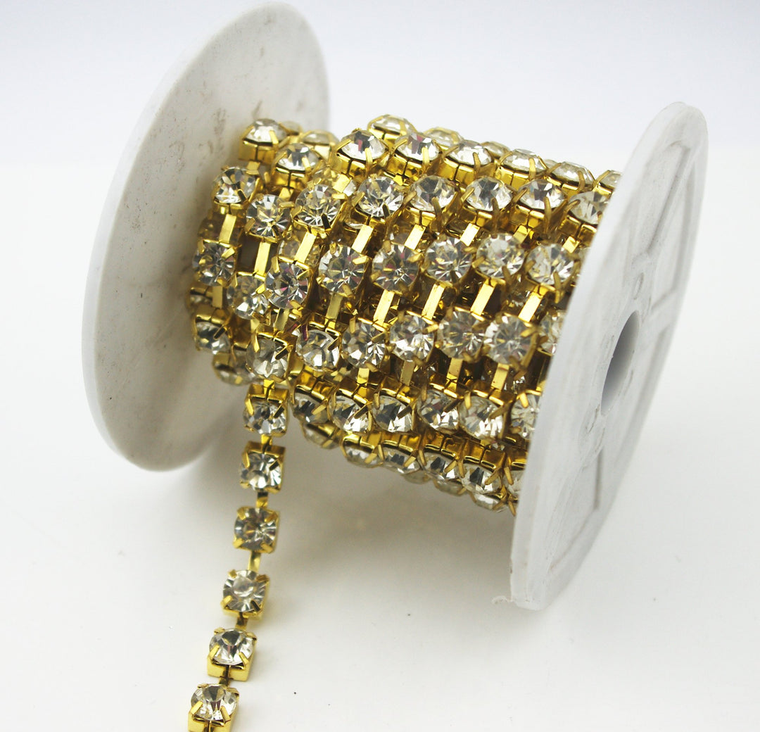 1 Yard 8mm Crystal Rhinestone Trims Chain Wedding Dress Sewing Craft Embellishments (Gold+Clear Rhinestone Chain)