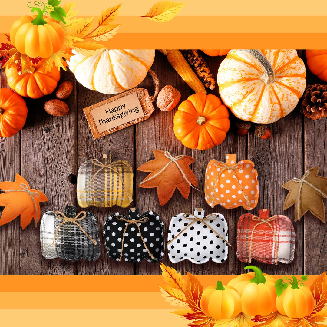 18 Pcs Fall Thanksgiving Ornaments for Tree Pumpkin Maple Leaves Halloween Hanging Decorations Buffalo Plaid Polka Dot Thanksgiving Farmhouse Fabric Ornaments for Harvest Autumn Decor (Plaid Style)
